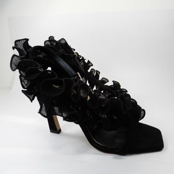 Gianni Bini Franz Sandals High Heels Size 6 Black Suede Chiffon Ruffle NEW - Picture 11 of 15